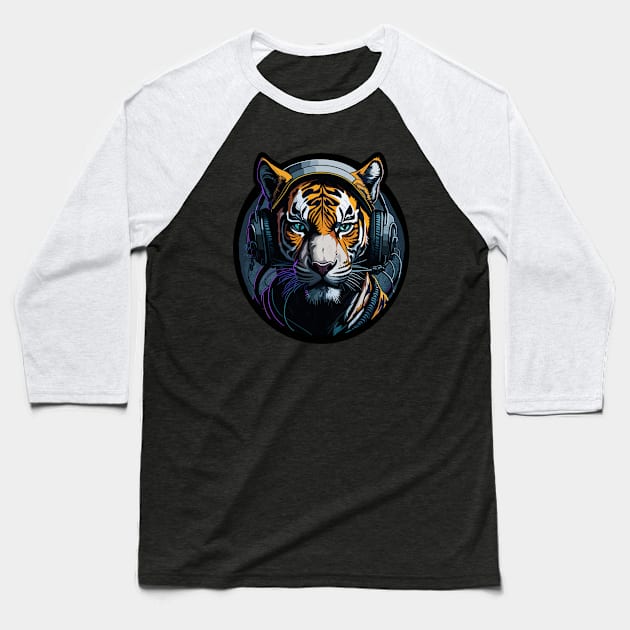 Tiger DJ -Wearing headphones. Baseball T-Shirt by Off the Page